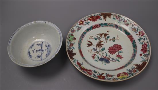 A Chinese Ming blue and white bowl, painted with figures riding horses and a Qianlong period famille rose plate